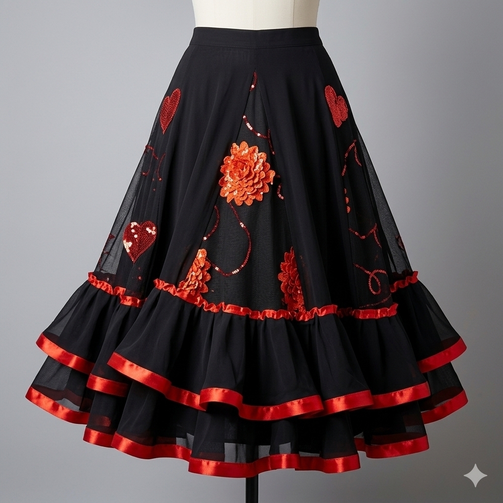 Stunning Black & Red Flamenco Style Skirt with Floral Appliqués